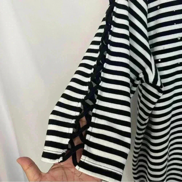 Quacker Factory Top Blouse Striped Beaded Womens Plus Size 2X Crisscross Sleeves - Picture 6 of 14